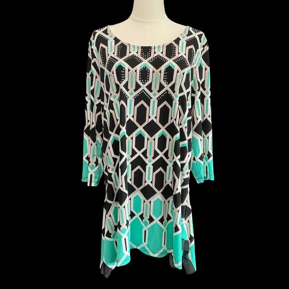 Teal/Black/White Abstract Print Tunic Top w/ Rhinestone Details - Picture 1 of 4